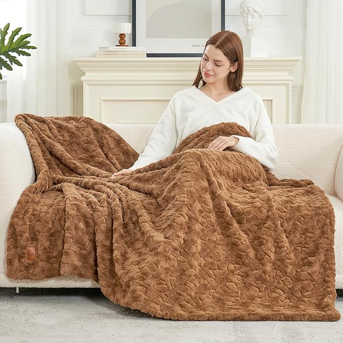Cozy Bliss Faux Fur Throw Blanket for Couch, Fuzzy Soft Plush Thick Warm Fluffy Reversible Wave Textured Blanket for Sofa Bedroom Living Room, 55 * 70 Inches Brown