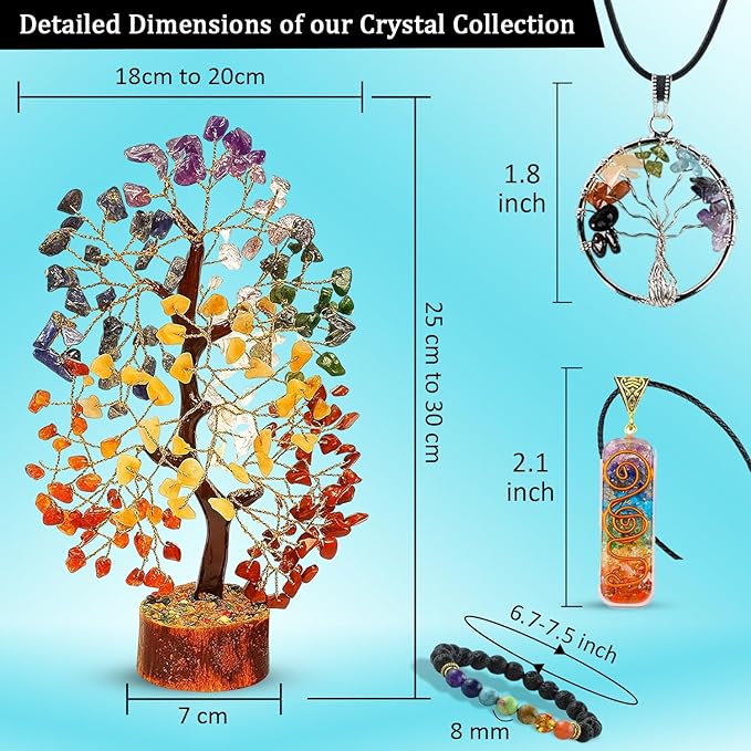 Seven Chakra Healing Crystal Tree Kit with 7 Chakra Bracelet and 2 Pendant Necklace - Gemstones Money Bonsai Tree Decor for Spiritual Good Luck Gift, Birthday Gift for Women, Men, Home, Office