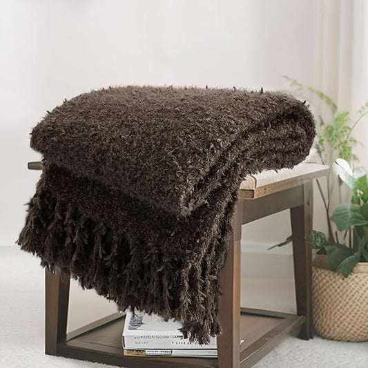 Knit Throw Blanket Fluffy Fuzzy Soft Lightweight Cozy Farmhouse Tassels Chunky Knitted Throws for Couch Sofa Bed (Brown, 60"x80")