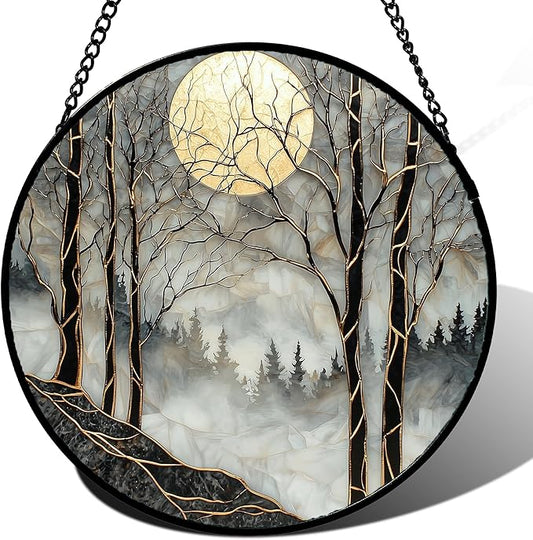 Stained Glass Window Hanging - Black and White Gold Moon Forest Sun Catcher for Door Home Decor Suncatcher Christmas Mother's Day Birthday Gifts for Women Men Lovers Mom Nana 11.8 in
