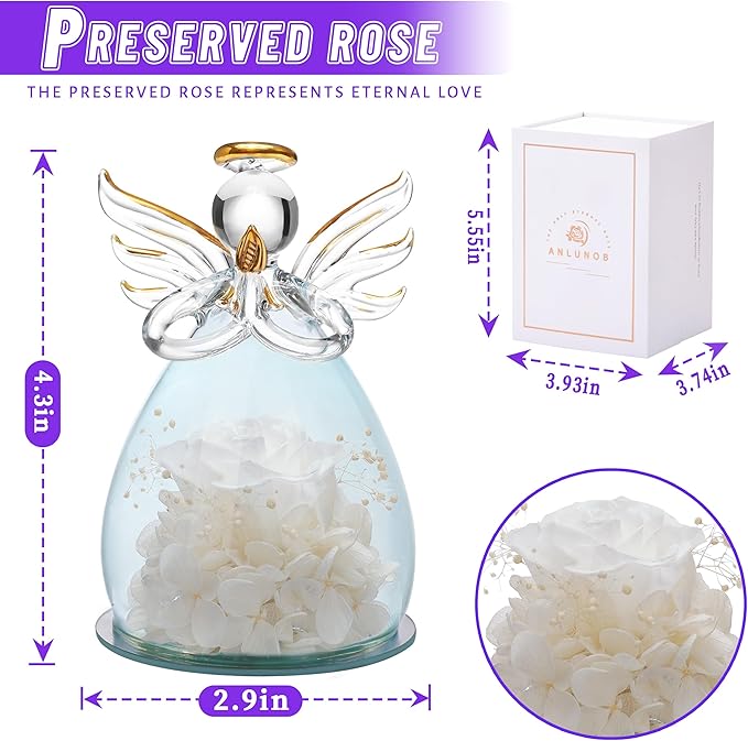 ANLUNOB Preserved Rose Birthday Gifts for Women Mom Grandma Wife, Glass Angel Figurines Gifts with Pretty White Flowers for Anniversary Wedding