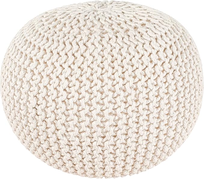 Palisa Round Pouf Ottoman - Ivory, Stuffed Boho Cable Knitted Foot Rest Stool for Couch, Living Room, Outdoor Patio Seat | Hand Woven Chair Pouffs for Kids Bedroom - 20x20x14 Inches