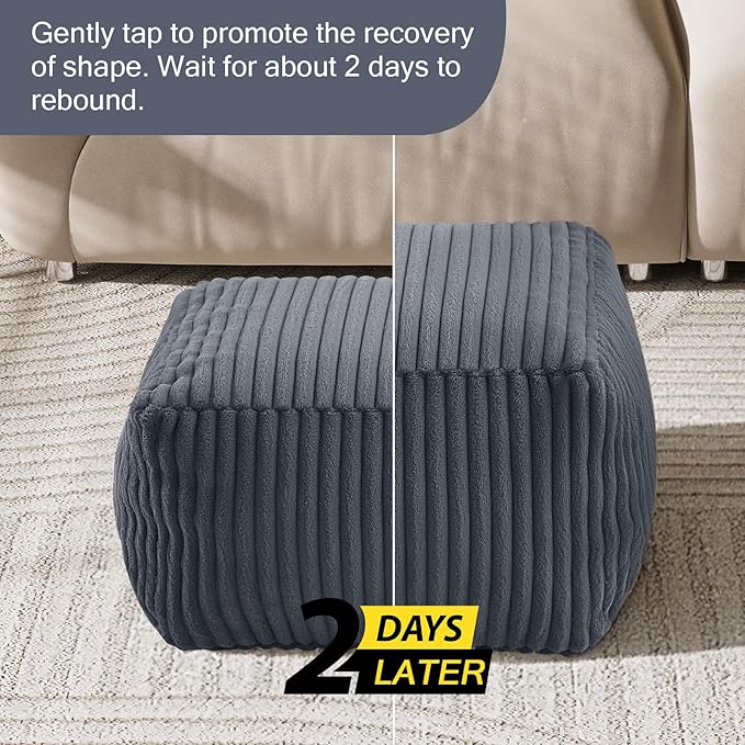 MeMoreCool Square Stuffed Pouf Ottoman Foot Rest, Stripe Furry Floor Pouf Foot Stool with Foam Chunk Filling, Soft Fluffy Stuffed Ottoman Footrest for Living Room, Faux Fur Grey