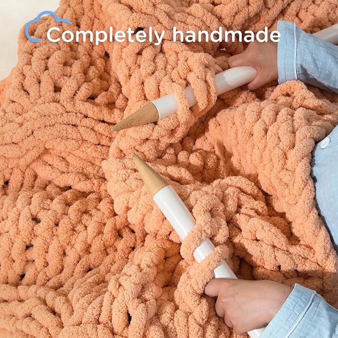 Chunky Knit Blanket Throw - 100% Hand Knitted Chunky Soft Throw Blanket for Couch, Thick and Warm Blanket for Winter, Light Yellow, 40x50 Inches