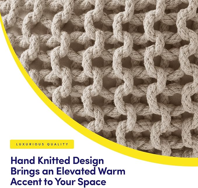 Pouf Ottoman Foot Rest Stuffed – 20” Diameter x 14” Tall Cozy Floor Pouf for Living Room, Bedroom, Nursery & More – 100% Cotton Knit Shell, EPS Bead Filled Footrest & Accent Chair, Beige