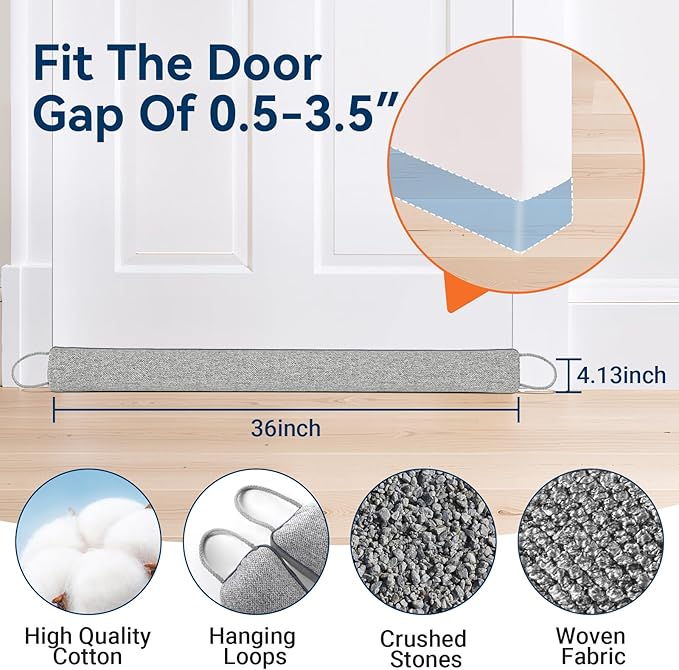 Door Draft Stopper for Bottom of Door, 36’’ Heavy Duty Under Door Draft Blocker Gap Filler, Door Seal for Noise Light Cold Air, with Adhesive Strips, Light Gray