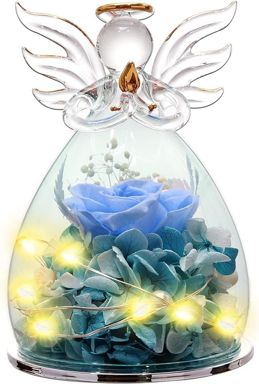 ANLUNOB Preserved Flowers Rose Birthday Gifts for Women, Angels with Pretty Blue Roses for Wedding