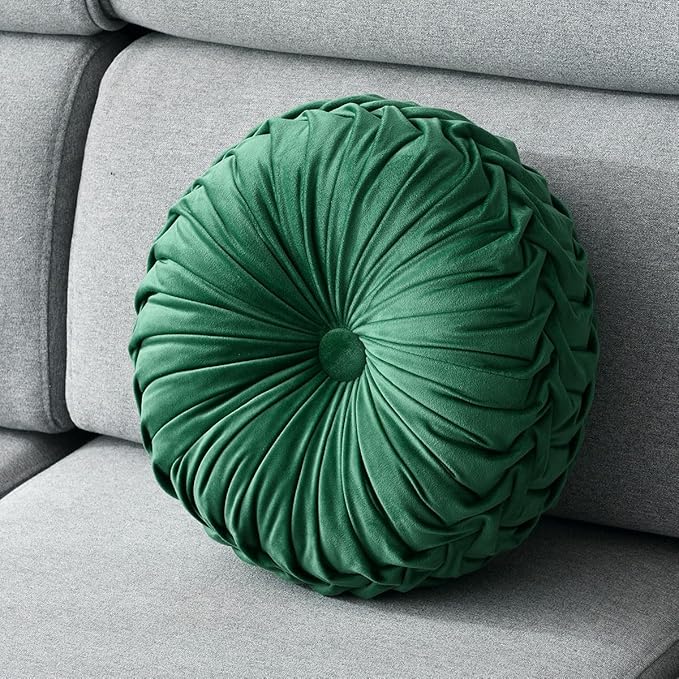1 Pcs Round Throw Pillow Velvet Home Decoration Pleated 3D Pumpkin Pillow Cushion for Couch Chair Bed Car 14.17" (Green)