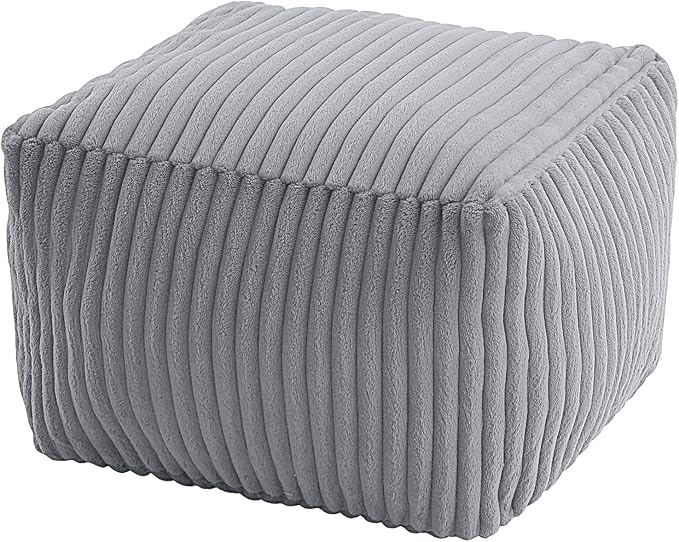 MeMoreCool Square Stuffed Pouf Ottoman Foot Rest, Stripe Furry Floor Pouf Foot Stool with Foam Chunk Filling, Soft Fluffy Stuffed Ottoman Footrest for Living Room, Faux Fur Grey