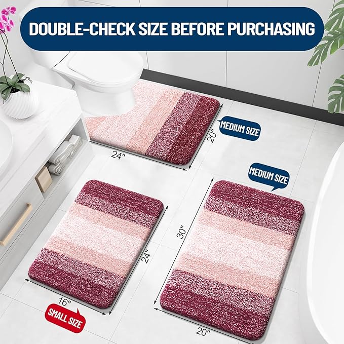 OLANLY Bathroom Rugs Sets 3 Piece, Soft Absorbent Microfiber Bath Mats and U-Shaped Contour Toilet Rug, Plush Shaggy Bath Mat Set for Bathroom (30"x20"+24"x16"+24"x20", Red)