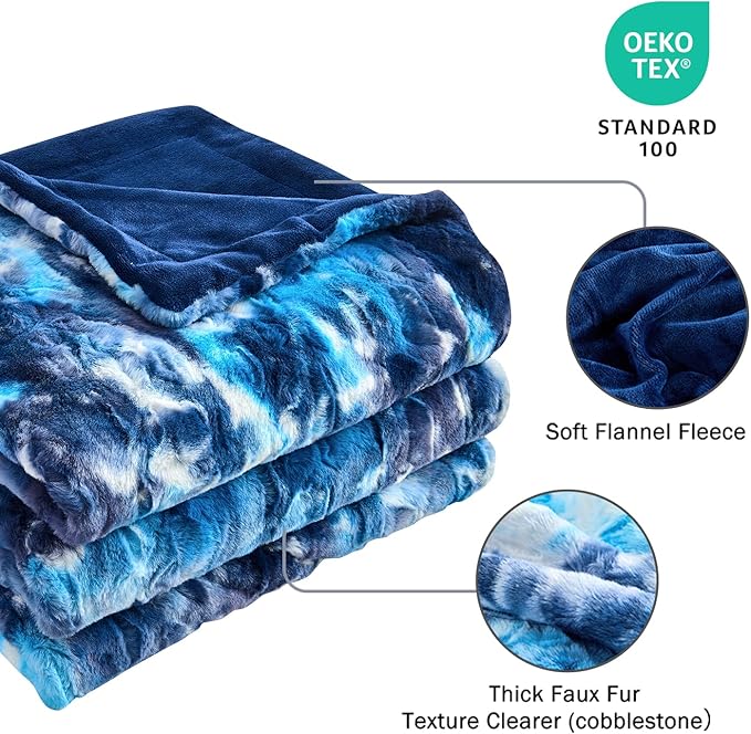 Krifey Blue Faux Fur Blanket, Super Soft Cozy Blanket, Luxury Fluffy Throw Blanket Warm Plush Bed Throw Tie Dye Blue 50" x 60"