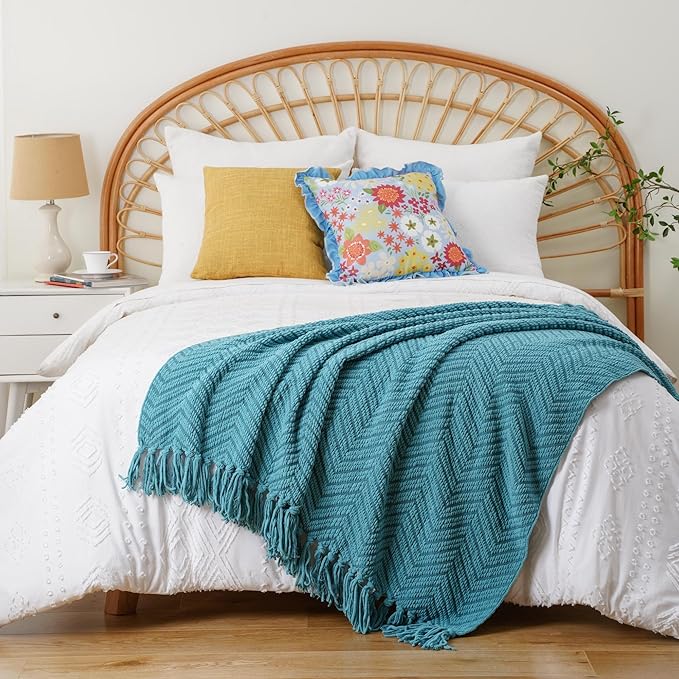 BATTILO HOME Teal Throw Blanket for Couch, Knit Woven Turquoise Blankets Versatile for Chair, Super Soft Warm Decorative Green Blanket with Tassels for Bed Sofa, 50"x60"