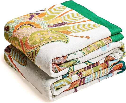 Boho Throw Blanket, 100% Organic Cotton Breathable Skin-Friendly Ultra Soft Bed Quilt Throw - All Season Floral Bird Farmhouse Décor Luxury Blanket for Sofa Couch Chair and Gift. 80" x 90"