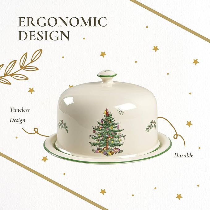 Spode Christmas Tree 2 Piece Serving Platter with Dome Set - Ceramic Holiday Serving Tray for Cakes, Desserts, Side Dishes - Microwave, Oven, Dishwasher Safe Christmas Serveware