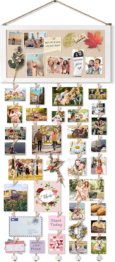 Bikoney Large Collage Picture Frame with Bulletin Board, Hanging Photo Display for Multiple Pictures, Wall Photo Organizer with 30 Clips & 6 Pushpins, Self Adhesive Hooks – No Drill Wood Photo Board for Room Decor