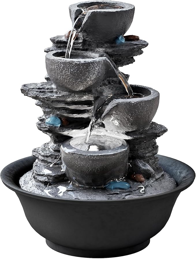 10.6inch Tabletop Fountain, Indoor Waterfall Fountains with LED Light, Realistic Rock Design for Soothing Ambiance in Bedrooms, Living Rooms, Offices, or Meditation Spaces