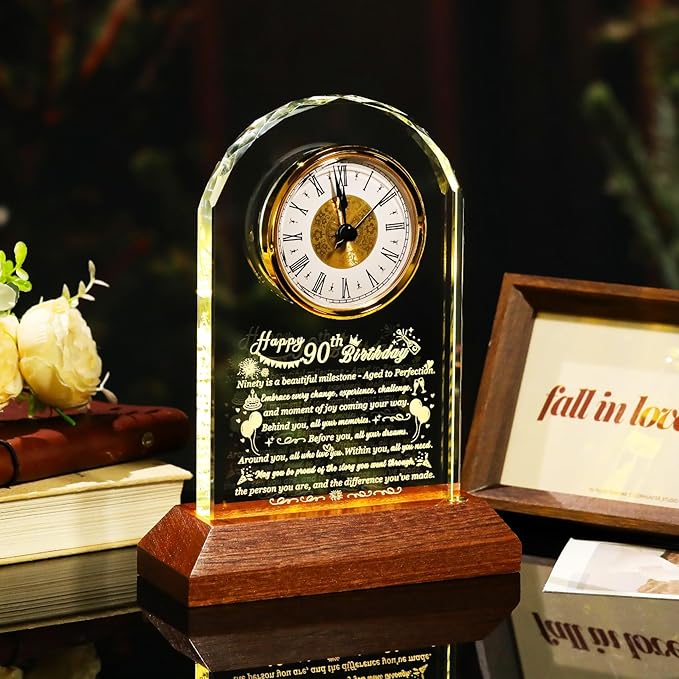 Happy 90th Birthday Glass Clock Gifts for Women, Men - 90 Year Old Birthday Gift with Wooden Light Base for Her Him, Turning 90 Quartz Clock Gift Idea for Mom Dad Unique Decoration