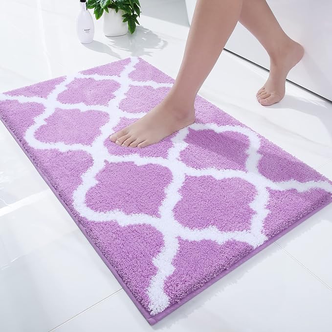 OLANLY Bathroom Rugs 24x16, Soft and Absorbent Microfiber Bath Rugs, Non-Slip Shaggy Shower Carpet, Machine Wash Dry, Bath Mats for Bathroom Floor, Tub and Shower, Light Purple