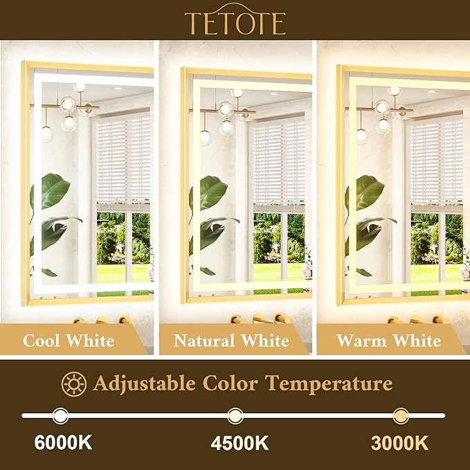 TETOTE 22 x 30 Bathroom LED Mirror Brushed Gold Metal Frame Frontlit & Backlit Vanity Mirror Anti-Fog Stepless Dimmable 3 Colors White/Warm/Natural Mirror with Lights Wall-Mounted