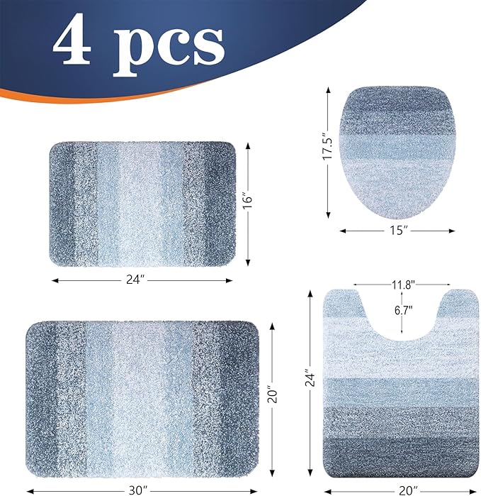 OLANLY Bathroom Rugs Sets 4 Piece, Soft Microfiber Absorbent Bath Mat, U-Shaped Contour Toilet Mat and Toilet Lid Cover, Quick Dry, Machine Washable, Toilet Cover and Rug Set for Bathroom, Blue