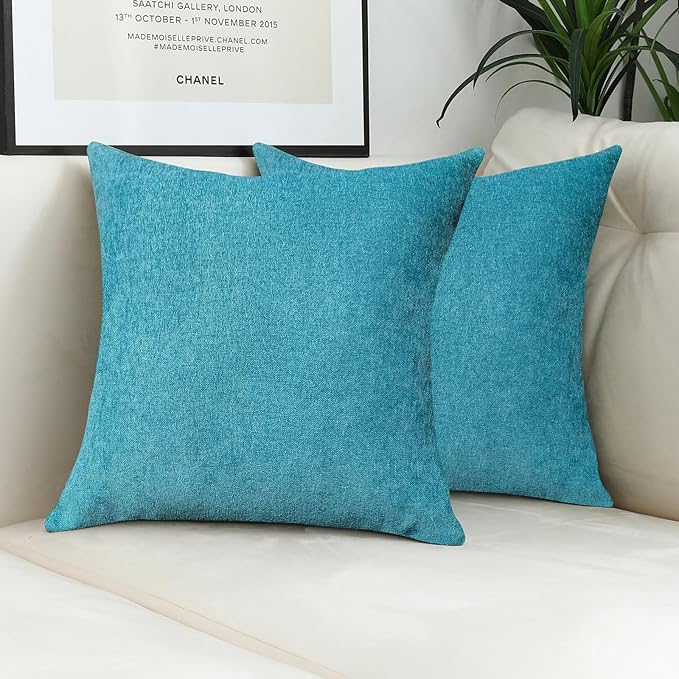 Jeneoo Decorative Turquoise Blue Throw Pillow Covers Rustic Farmhouse Square Chenille Soft Comfy Kids' Cushion Couch Cases for Sofa Living Room (Set of 2, 14 x 14 Inches)
