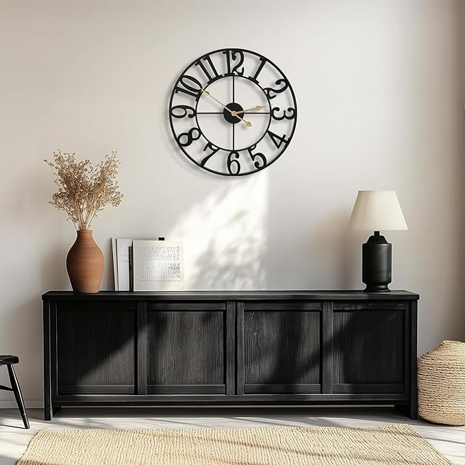 Large Wall Clocks for Living Room Decor, 18 Inch Round Black Metal Silent Non Ticking Battery Operated Jumbo Numerals Modern Vintage Decorative Clock Wall for Bedroom,Kitchen,Office,Farmhouse