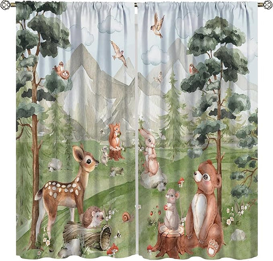 Forest Animal Kids Curtains, Wild Rustic Bear Fox Deer Children Cartoon Window Treatments for Living Room, Watercolor Blackout Drapes 2 Panel Sets,42x63 Inch