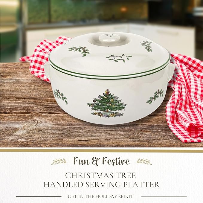 Spode Christmas Tree Round Covered Deep Casserole Dish (8.75" x 5") - Festive Holiday Serveware & Vintage Christmas Table Centerpiece - Fine Earthenware Classic Holiday Bakeware