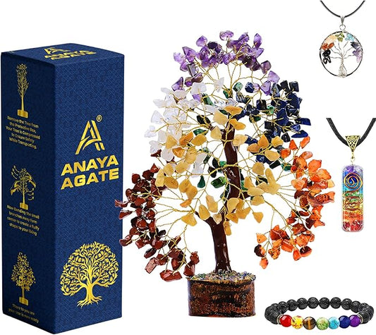 7 Chakra Healing Crystal Tree Kit, Bracelet, Pendant, Necklaces, Handmade Gemstone Money Bonsai Tree of Life Feng Shui Decor for Home Office, Positive Energy, Reiki Healing, Spiritual Gifts for Women