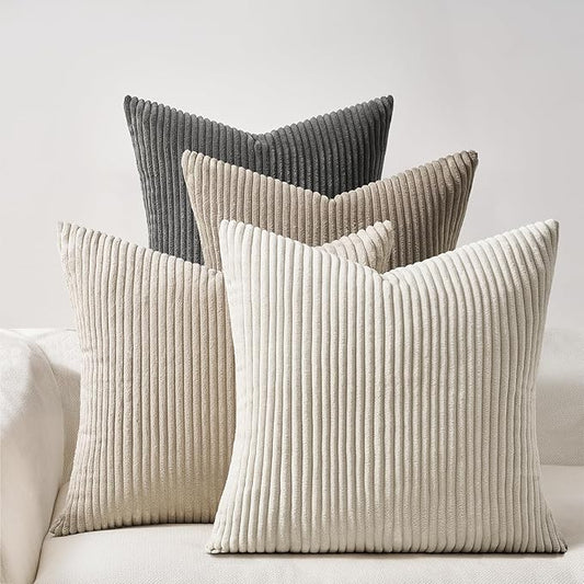 Topfinel 4 Packs Natural Decorative Throw Pillows Covers 24x24 Inch for Living Room Couch Bed Sofa, Rustic Farmhouse Boho Home Decor, Soft Plush Striped Corduroy Square Cushion Case 60x60 cm
