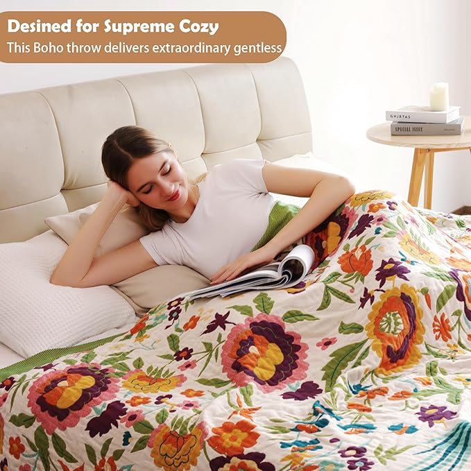 Boho Throw Blanket, 100% Organic Cotton Breathable Ultra Soft 91" x 98" Bed Quilt Throw - All Season Floral Rustic Farmhouse Decor Luxury Reversible Blanket for Sofa Couch Chair and Gift