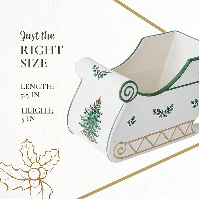 Spode Christmas Tree Figural Sleigh, 7.5" Dolomite Decorative Holiday Sleigh for Christmas Table Decor, Candy Holder, Snack Dish - Holiday Serveware & Festive Decorations