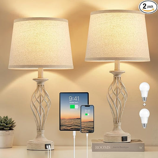 Bedside Table Lamp for Bedroom Set of 2 - Beige Nightstand Lamps with USB C+A Ports,Rustic Distressed Farmhouse Bedroom Lamp - Lamp for Living Room Reading Bed Side End Table Bulbs Included