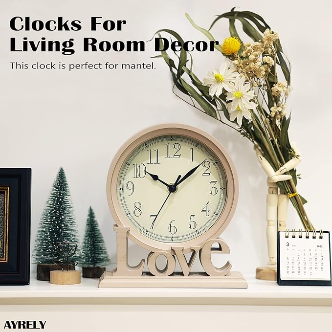 AYRELY® 6.5-Inches Table Clock, Vintage Family Non-Ticking Desk Clock, Retro Mantel Clocks for Living Room, Bedroom, Shelf, Fireplace, Farmhouse Décor (Ivory)