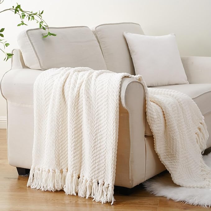 BATTILO HOME Cream Throw Blanket for Couch, Textured Knitted Throw Blanket with Tassels, Couch Cover Blanket Warm Decorative White Throw Blankets for Sofa Living Room, 60" x 80"