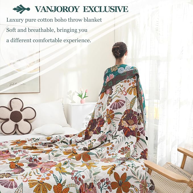 King Boho Throw Blanket for Bed, 100% Cotton Muslin Soft Throw-Floral Farmhouse Rustic Decor Blanket for Couch Sofa Quilt and Gift, 91" x 98"-BeigeWhite