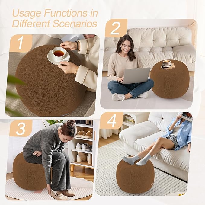 MeMoreCool Stuffed Round Pouf Ottoman Foot Rest, Floor Pouf Foot Stool with Soft Foam Chunk Filling, Small Round Ottoman Footstool Circle Footrest for Living Room, Light Coffee