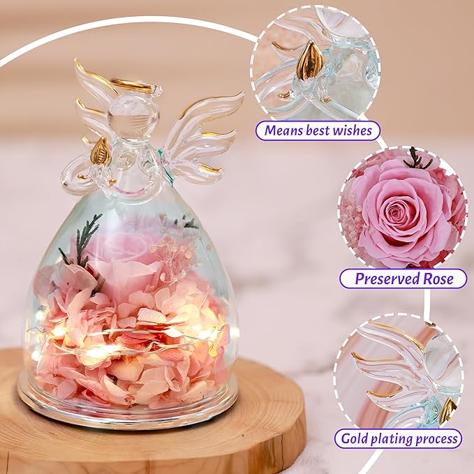 ANLUNOB Preserved Flowers Rose Birthday Gifts for Women, Angels with Pretty Pink Roses for Wedding