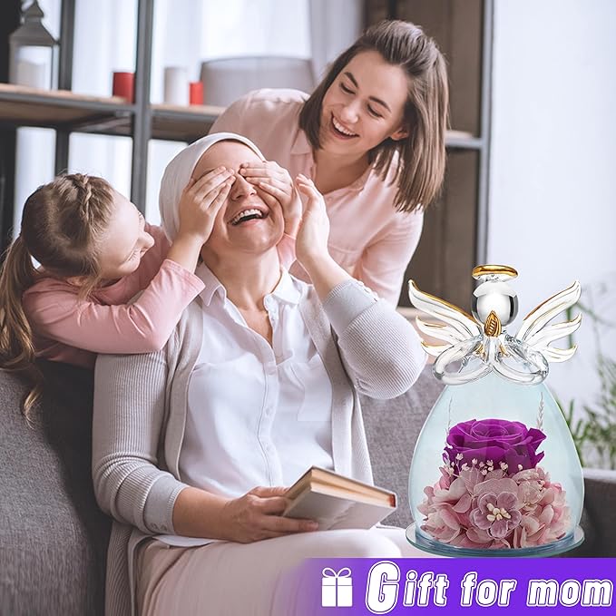 ANLUNOB Preserved Rose Birthday Gifts for Women Mom Grandma Wife, Glass Angel Figurines Gifts with Pretty Purple Flowers for Anniversary Wedding