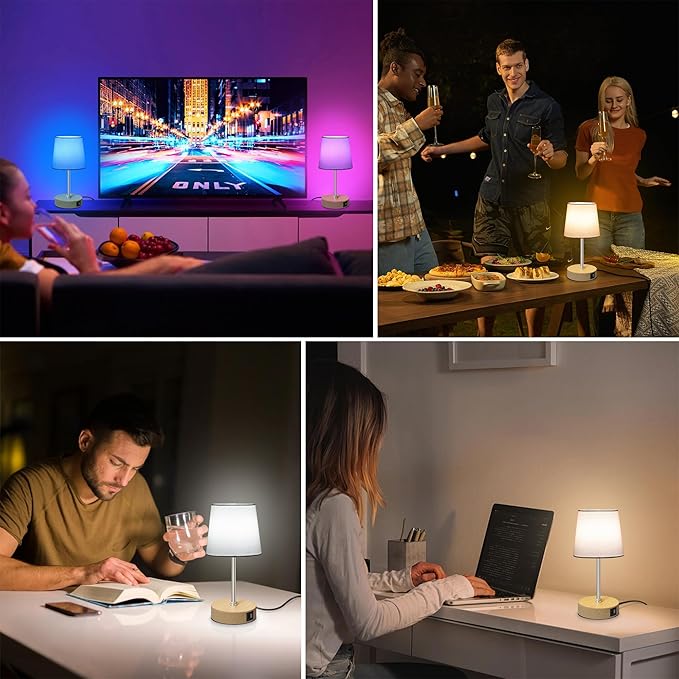 Ascher Small Bedside Table lamp Set of 2, RGB Color Changing Lamps, 3 Color Temperatures, Stepless Dimmable, Nightstand Lamp with USB C+A Ports for Bedroom Living Room, (White Shade, Wood Grain Base)
