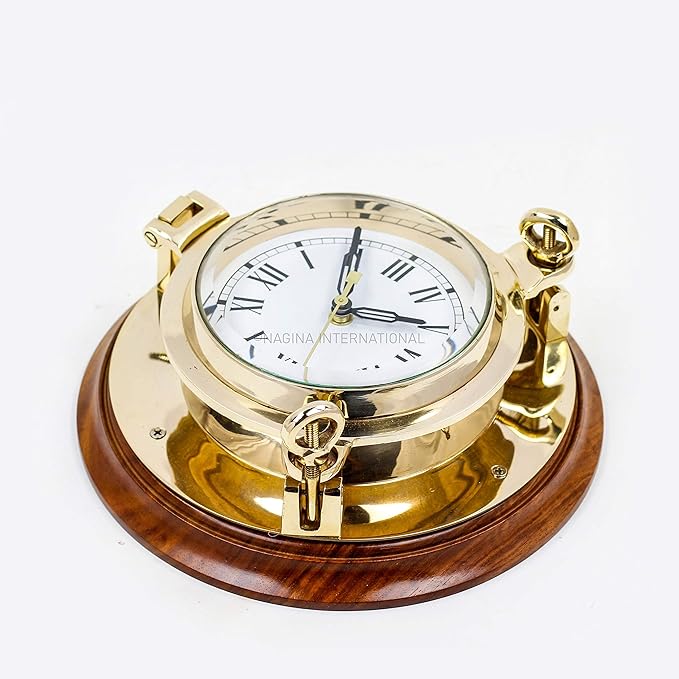 Nagina International Large Nautical Authentic Brass Porthole Clock On Wooden Rosewood Mount | Excellent Quality Nautical Decor for Real Navals (10 Inches)