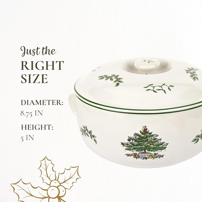 Spode Christmas Tree Round Covered Deep Casserole Dish (8.75" x 5") - Festive Holiday Serveware & Vintage Christmas Table Centerpiece - Fine Earthenware Classic Holiday Bakeware