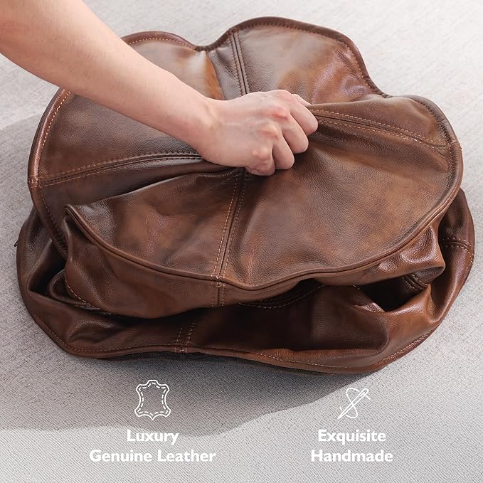 Leather Ottoman,Handmade Stuffed Square Ottoman,Genuine Leather Pouf, Foot Rest Pouf,Comfortable Soft Seating for Living Room & Bedroom (Brown, Round)