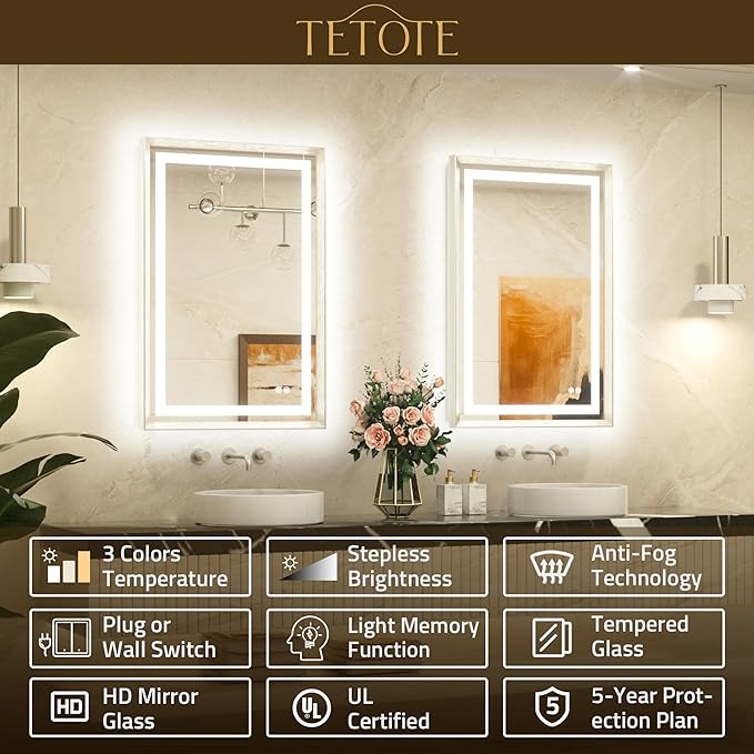 TETOTE 60 x 28 Large Bathroom Mirror Brushed Nickel Metal Frame Frontlit & Backlit Vanity Mirror 3 Colors White/Warm/Natural Stepless Dimmable Anti-Fog Bathroom Mirrors for Vanity Wall-Mounted