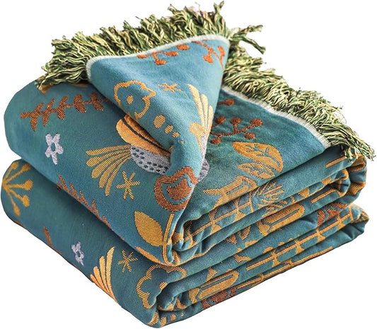 Boho Throw Blanket, 100% Organic Cotton Breathable Ultra Soft 80" x 90" Bed Quilt Throw - Floral Rustic Bird Farmhouse Decor Luxury Reversible Blanket for Sofa Couch Chair and Gift,Teal/Beige