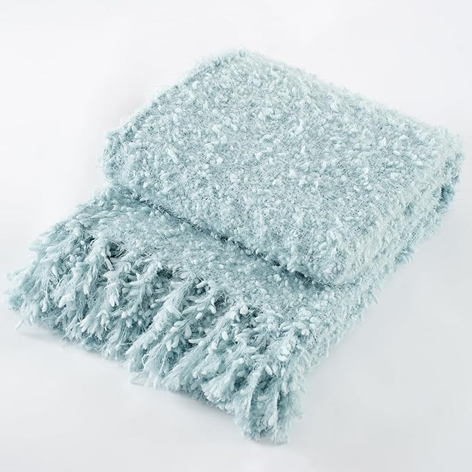 Winter Knit Throw Blanket Fluffy Fuzzy Soft Lightweight Cozy Farmhouse Tassels Chunky Knitted Throws for Couch Sofa Bed (Dream Blue, 50"x60")