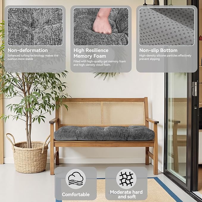 Bench Cushion 45 Inch - Luxury Chenille, High-Density Memory Foam, Non-Slip Bottom, Soft Durable Indoor Tufted Long Seat Cushion for Window Garden Furniture (Gray, 45x18x4 Inch)