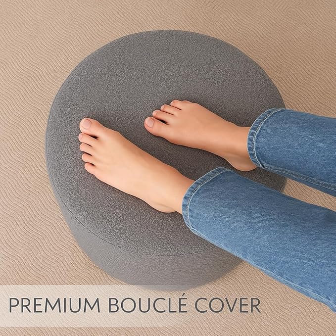 Round Pouf Ottoman and Foot Rest, Soft Boucle Footstool Ottomans for Living Room, Comfort Sponge Stuffed Poofs for Couch Desk Resting Your Feet, Grey(17.1" D x 17.1" W x 14" H)