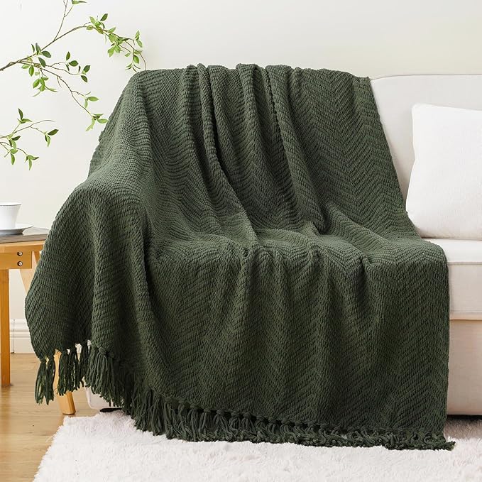 BATTILO HOME Olive Green Throw Blankets for Couch, Knitted Green Throw Blanket for Bed, Super Soft Warm Large Throws for Home Decor, 60" x 80"