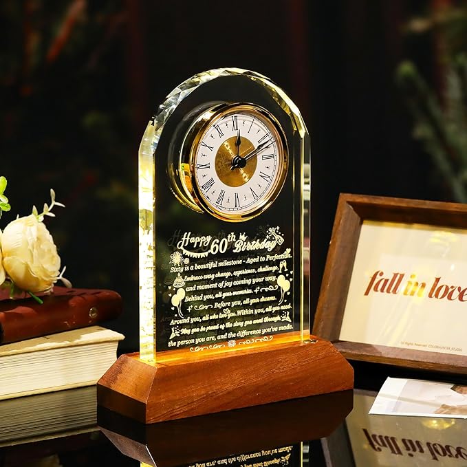 Happy 60th Birthday Glass Clock Gifts for Women, Men - 60 Year Old Birthday Gift with Wooden Light Base for Her Him, Turning 60 Quartz Clock Gift Idea for Mom Dad Unique Keepsake